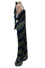 Gorgeous 2014 Lanvin by Alber Elbaz Deep Green & Navy Silk Striped Sarong Dress w Tie Halter