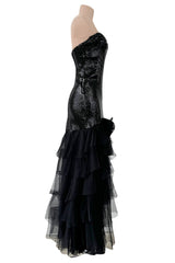 Incredible 1976-1978 Loris Azzaro Strapless Glossy Black Sequin Dress wLayered Net Tulle Skirt