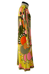 Fantastic 1960s Emilio Pucci Green Pink Coral & Orange Abstract Print Silk Jersey Dress