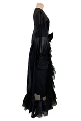 Prettiest 1970s Bill Blass Black Silk Organza Dress w Extensive Ruffle Detailing & Full Puff Sleeves