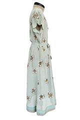 Prettiest 1930s Unlabeled Blue Handpainted Floral Dress Made of Unusual Woven Fabric