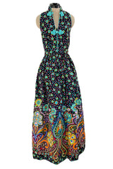 Prettiest Early 1970s Oscar de la Renta Floral Printed Halter Dress w Frog Knots & Open Back