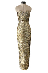 1989 Vicky Tiel Couture Metallic Gold Lame Gathered & Draped Strapless Dress