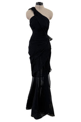 Incredible 1980s Thierry Mugler Black Layered Silk Chiffon One Shoulder Dress Flared Skirt Dress