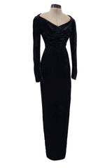 Fall 1984 Christian Dior by Marc Bohan Haute Couture Runway Black Velvet Dress w Wide Neckline