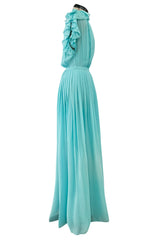 Prettiest Resort 2013 Gucci by Frida Giannini Runway Look 12 Turquoise Plunge Silk Chiffon Ruffle Dress