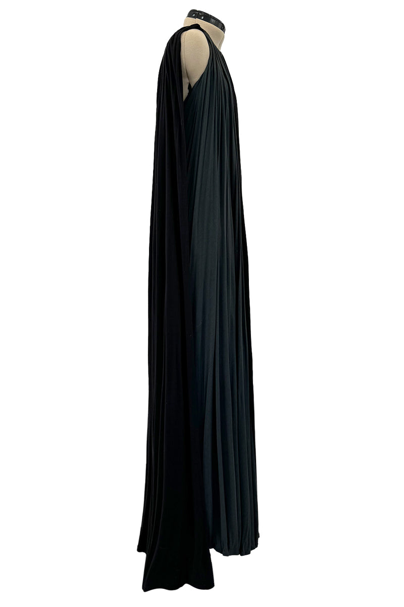 Dramatic Recent Chloe Black & Grey Jersey Dress w Floor Length Attached Cape Panels