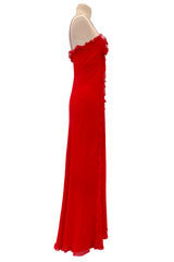 Magical 1990s Bill Blass Perfectly Minimalist Bias Cut Red Silk Chiffon Dress w Tiny Ruffle Detailing