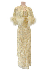 Fabulous 1950s Unlabeled Pearl, Bead & Feather Detailed Yellow Lace Dress w Matching Cape