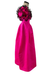 Book Documented Spring 1988 Bill Blass Bright Pink Silk & Black Net Ruffle Dress w Pouf Sleeves