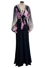 Prettiest 1970s Leonard Paris Printed Silk & Black Jersey Dress w Plunge Front & Silk Chiffon Sleeves