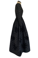 Fall 1974 Louis Mies Couture YSL Silk Taffeta Dress w Hand Embroidered Velvet Rose Detail