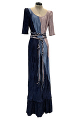 1980s Mary McFadden Couture Blue & Deep Dusky Pink Pleated Dress w Extra Long Braided Belt