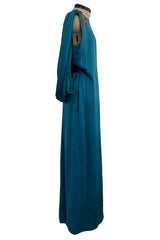 Amazing 1980s Bill Blass Bias Cut Deep Teal Silk Dress w Bead Detailing & Draped Low Back