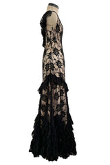 Gorgeous 2010s John Galliano Spanish Influnced Tiered & Ruffled Black Lace Bias Cut Dress