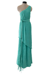 Amazing 1980s Mary McFadden One Shoulder Pleated Two Piece Set Dress w Braided Belt