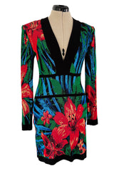 Stunning 2010s Balmain by Olivier Rousteing Huge Floral Print Front Plunge Knit Mini Dress