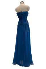 Prettiest Spring 1990 Oscar De La Renta Deep Sapphire Blue Silk Chiffon Strapless Dress w Matching Cape