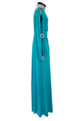 Spectacular Early 1970s Loris Azzaro Plunging Turquoise Silk Jersey w Open Rhinestone Rings