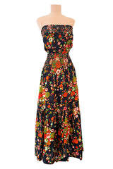 Wonderful c.1974 Yves Saint Laurent Brilliant Floral Print Strapless Cotton Dress w Top Stitched Gathers