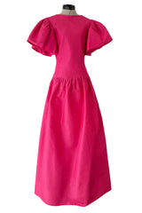 Prettiest 1980s Pierre Cardin Bright Pink Dress w Puff Sleeves & Flat Pleating