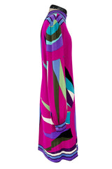 Bright 1960s Emilio Pucci Deep Fuchsia Pink & Primary Coloured Geometric Print Silk Jersey Dress