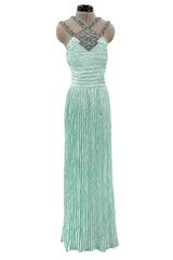 Incredible 1980s Mary McFadden Couture Pastel Teal Green Pleated Dress w Hand Beading