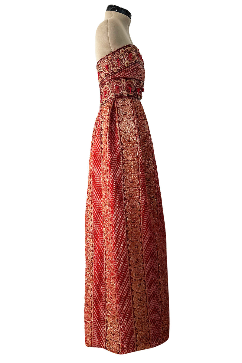 Stunning 1960s Paul Whitney Numbered Strapless Beaded Gold & Red Silk Brocade Dress