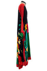 Fabulous 1980s Pauline Trigere Scarf Weight Silk Huge & Brillaint Coloured Floral Printed Caftan Dress