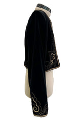 Fantastic 1970s Yves Saint Laurent Cropped Boc Cut Black Velvet Jacket w Metallic Gold Cord Detailing