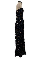 Spectacular 1980s Hubert de Givenchy Haute Couture Velvet Floral Cut Out Dress w Gold Metal Flowers
