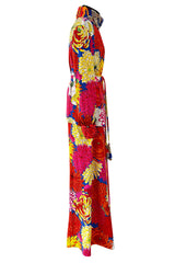 Fabulous 1970s Hanae Mori Bright Floral Print Jersey Pant & Top Set w Beading