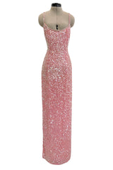 Prettiest 1980s Oleg Cassini Pink Silk Dress Covered in Iridescent Sequins w Silver Tube Bead Detailing & Trim