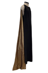 Striking Fall 1976 Chloe by Karl Lagerfeld Runway Documented Black Silk & Metallic Gold Caped Back Panel Dress