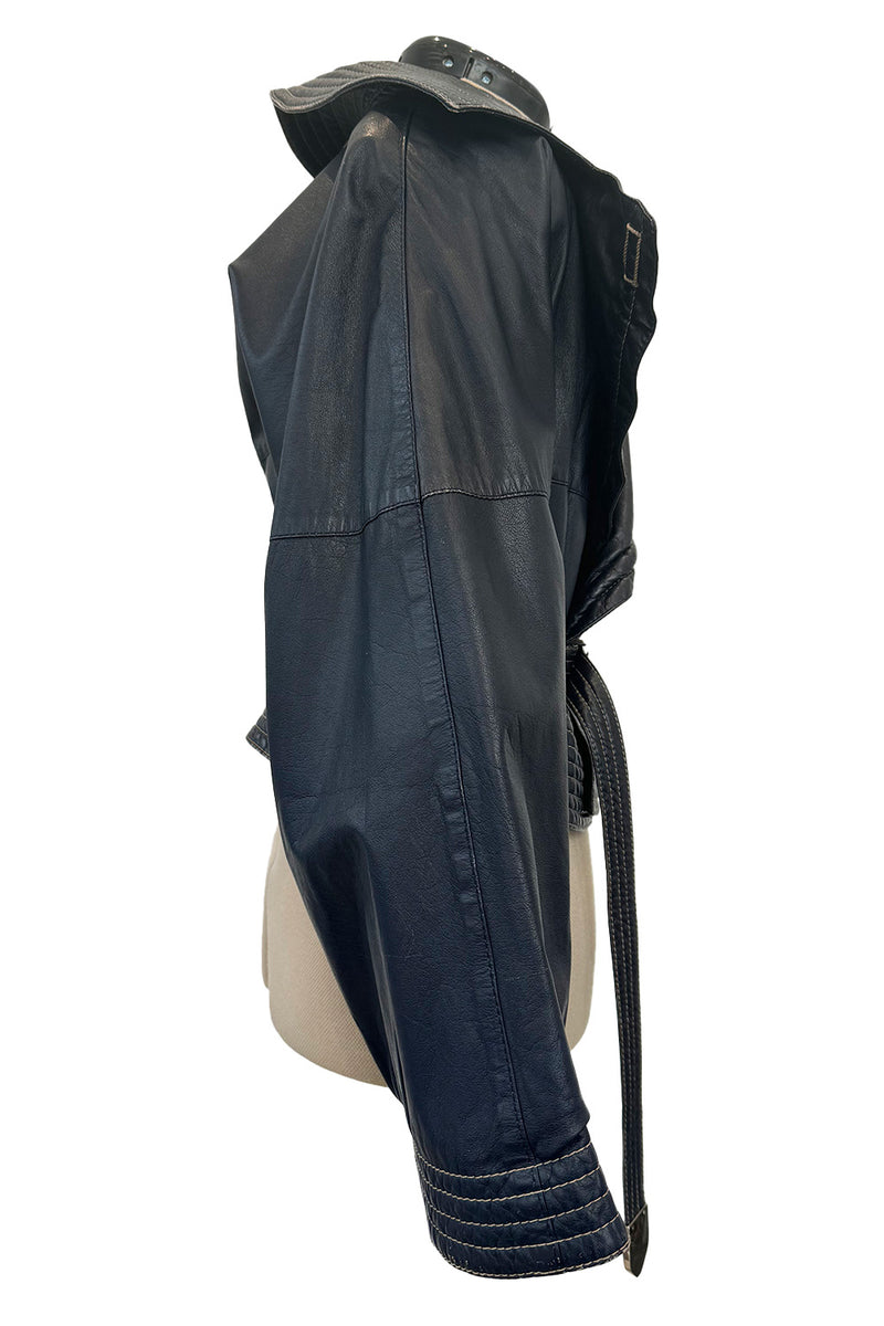 Fall 1982 Gianfranco Ferre Runway Black Blue Wrap Leather Jacket w Wide Sleeves & Huge Collar