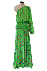 Demi-Couture Spring 1989 Nina Ricci Runway Dotted Silk Skirt & Silk Chiffon One Shoulder Top Set