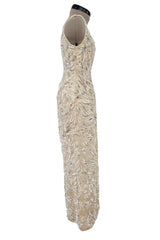 Amazing 1950s Mde. Etoile Ivory Silk Heavily Hand Beaded Demi Couture Dress w Scoop Back