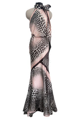 Spring 2004 Roberto Cavalli Bias Cut Silk Brown and Pink Printed Halter Top w Tie & Skirt Set