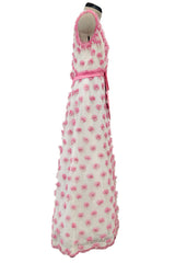 Late 1960s Belleville et Cie Couture Ivory Silk Net Dress w Pink Chiffon & Beaded Details