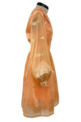 Prettiest 1960s Oscar De La Renta Peach Iridescent Silk Organza Dress w Gold Thread Detailing