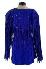 Rare 1980s Jan Faulkner Hand Made Blue Suede Mini Dress & Matching Belt