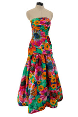 Prettiest Spring 1986 Arnold Scaasi Strapless Bright Floral Print Silk Dress