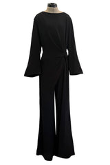Minimalist Vintage Thierry Mugler Black Wide Legged Jumpsuit w Wrapped Front Detail & Flared Sleeves