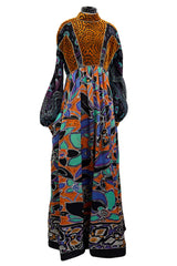 Spectacular 1970s Ronald Amey Demi-Couture Printed Silk, Silk Chiffon & Cut Velvet Dress