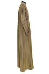 Wonderful 1970s Halston Metallic Gold Lame Lurex Full Length Caftan Dress w Notched Neckline