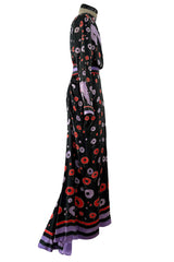 Rare Spring 1979 Chloe by Karl Lagerfeld Floral & Stripe Print Silk Dress w Matching Striped Belt