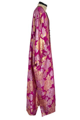 Stunning 1970s Jean Louis Metallic Pink Gold & Silver Caftan Dress w Gold & Pink Braiding