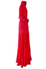 1970s Giorgio Sant'Angelo Red Silk ChiffonDress w Pink Silk Chiffon Lining & Prettiest Gusset Skirt