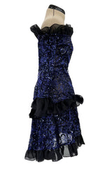 Fall 1987 Yves Saint Laurent Runway Off Shoulder Dress w Metallic Thread & Ruffled Detailing