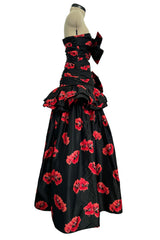 Specatacualr circa 1995 Nina Ricci Demi-Couture Strapless Floral Silk Taffeta Dress w Bow Detailing